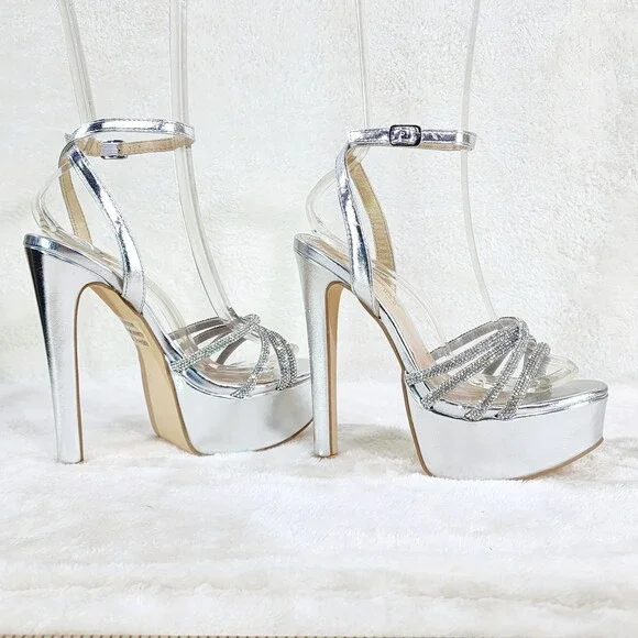 NIB City Nites Silver Platform 6" High Heels Ankle Wrap Shoes Sparkling Rhinest - Picture 3 of 10